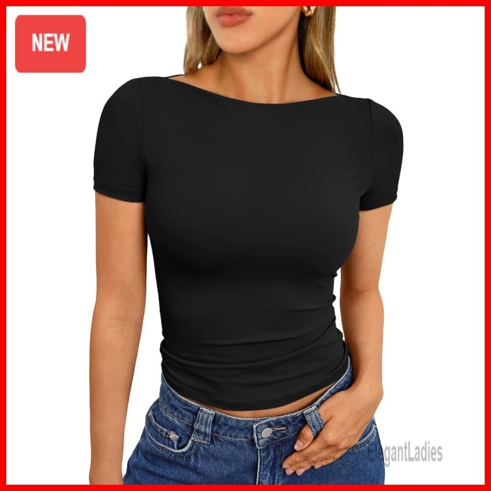 Fitted Compression T-Shirt Boat Neck Short Sleeve Summer Y2K Top